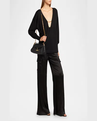 Tom Ford Tara Chain Shoulder Bag In Grain Leather In Black