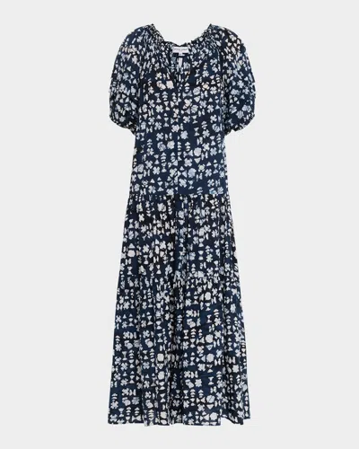 Apiece Apart Uva Tiered Abstract-print Maxi Dress In Batik Geo Indigo