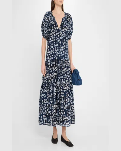 Apiece Apart Uva Tiered Abstract-print Maxi Dress In Batik Geo Indigo
