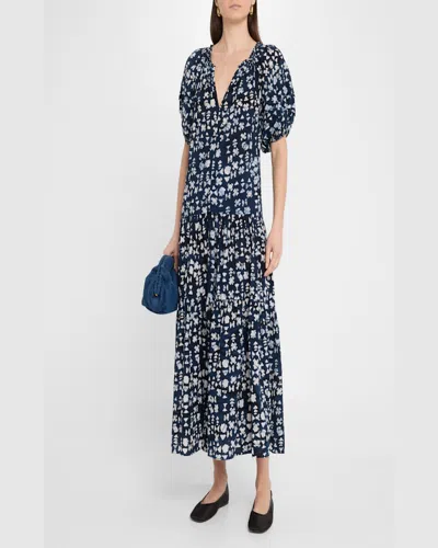 Apiece Apart Uva Tiered Abstract-print Maxi Dress In Batik Geo Indigo