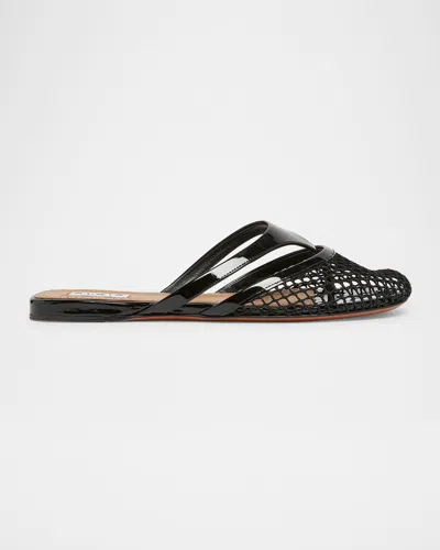Alaïa Fishnet And Leather Flip Flops Flat Mules Shoes In Black