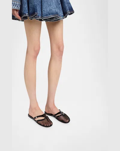 Alaïa Fishnet And Leather Flip Flops Flat Mules Shoes In Black
