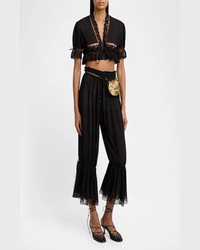 Chloé Drawstring Lace-trim Cropped Pants In Black