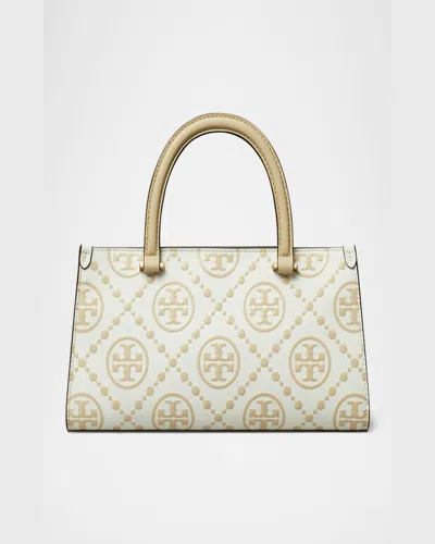 Tory Burch T Monogram Contrast Embossed Small East-west Tote In Beige