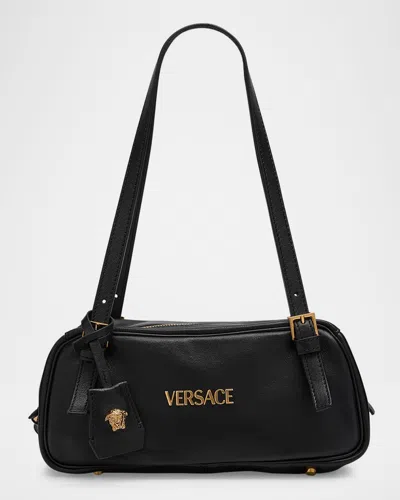 Versace Tag Bowling Black Shoulder Bag With Metallic Logo Lettering And Medusa Head Pendant In Leather Woman In Black- Gold