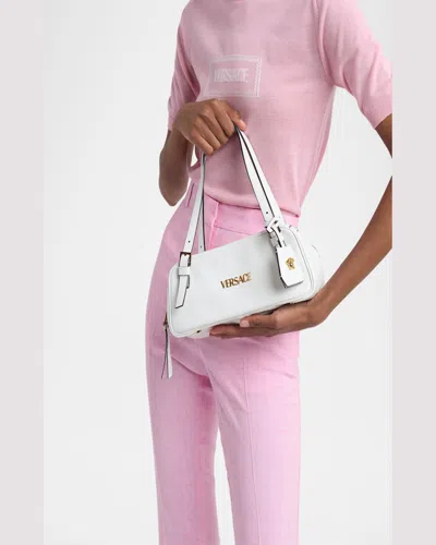 Versace Tag Bowling Black Shoulder Bag With Metallic Logo Lettering And Medusa Head Pendant In Leather Woman In Black- Gold