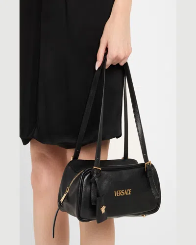 Versace Tag Bowling Black Shoulder Bag With Metallic Logo Lettering And Medusa Head Pendant In Leather Woman In Black- Gold