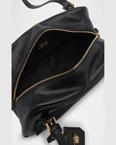 Versace Tag Bowling Black Shoulder Bag With Metallic Logo Lettering And Medusa Head Pendant In Leather Woman In Black- Gold