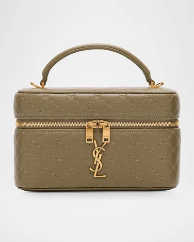 Saint Laurent Gabby Mini Vanity Case In Quilted Leather With Gold Hardware In Strong Moss