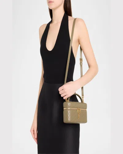 Saint Laurent Gabby Mini Vanity Case In Quilted Leather With Gold Hardware In Strong Moss