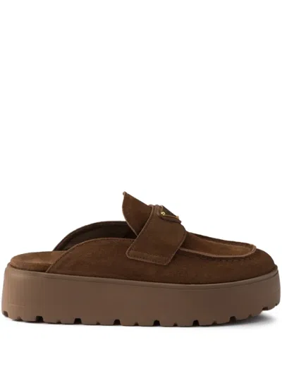 Prada Suede Platform Mules In Brown