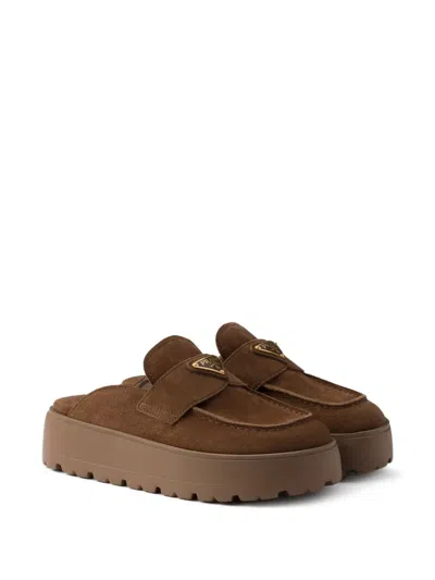 Prada Suede Platform Mules In Brown
