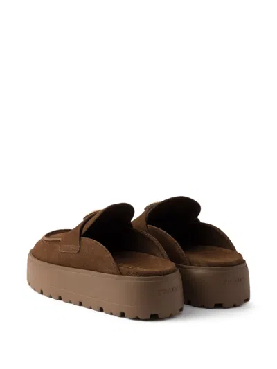 Prada Suede Platform Mules In Brown