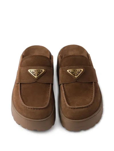 Prada Suede Platform Mules In Brown