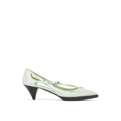 Prada Bicolor Silk Mid Heel Pumps In Green