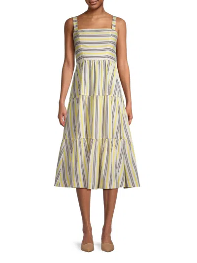 Jason Wu Tiered Striped Square-neck Midi Dress In Beige Multicolor