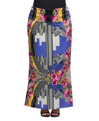 24seven Comfort Apparel Plus Size Print Fold Over Waist Maxi Skirt In Blue Multi