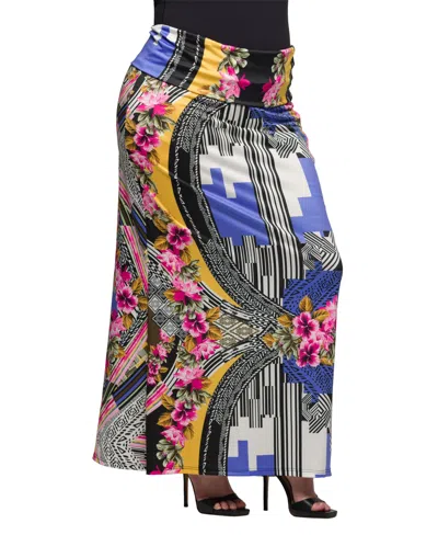 24seven Comfort Apparel Plus Size Print Fold Over Waist Maxi Skirt In Blue Multi