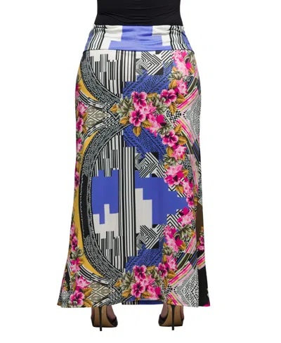 24seven Comfort Apparel Plus Size Print Fold Over Waist Maxi Skirt In Blue Multi