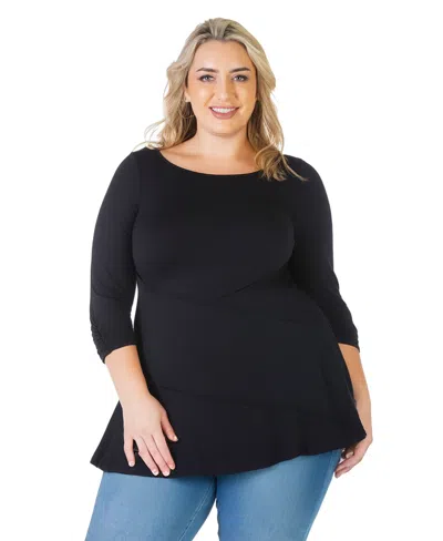 24seven Comfort Apparel Plus Size Long Bell Sleeve Flared Tunic Top In Black