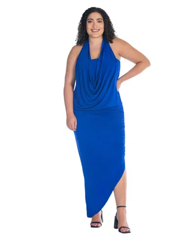24seven Comfort Apparel Plus Size Cowl Neck Long Asymmetrical Backless Halter Dress In Royal