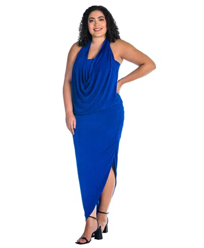 24seven Comfort Apparel Plus Size Cowl Neck Long Asymmetrical Backless Halter Dress In Royal