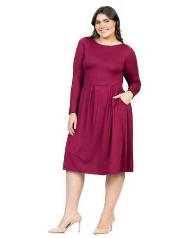 24seven Comfort Apparel Plus Womens Pleated Long Sleeve Midi Dress In Wine