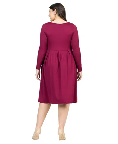 24seven Comfort Apparel Plus Womens Pleated Long Sleeve Midi Dress In Wine
