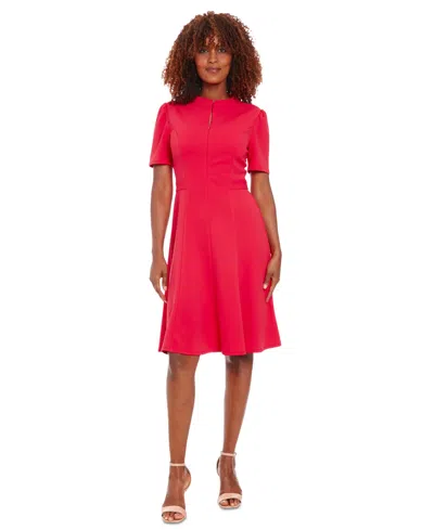 London Times Front Zip Short Sleeve Fit & Flare Dress In Red
