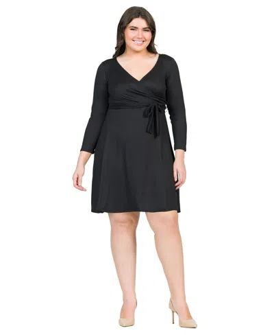 24seven Comfort Apparel Plus Size Chic V-neck Long Sleeve Belted Dress In Black