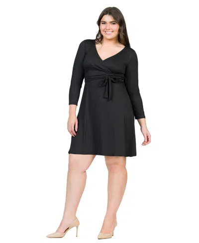 24seven Comfort Apparel Plus Size Chic V-neck Long Sleeve Belted Dress In Black