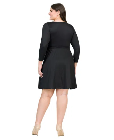 24seven Comfort Apparel Plus Size Chic V-neck Long Sleeve Belted Dress In Black