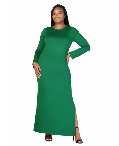 24seven Comfort Apparel Plus Size Long Sleeve Side Slit Fitted Maxi Dress In Emerald