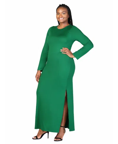 24seven Comfort Apparel Plus Size Long Sleeve Side Slit Fitted Maxi Dress In Emerald