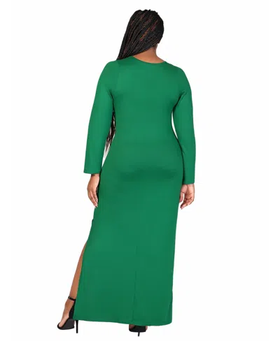 24seven Comfort Apparel Plus Size Long Sleeve Side Slit Fitted Maxi Dress In Emerald