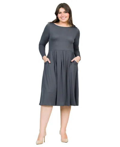 24seven Comfort Apparel Plus Size Long Sleeve Fit And Flare Midi Dress In Grey
