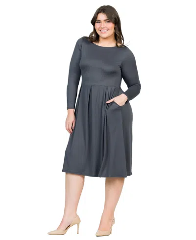 24seven Comfort Apparel Plus Size Long Sleeve Fit And Flare Midi Dress In Grey