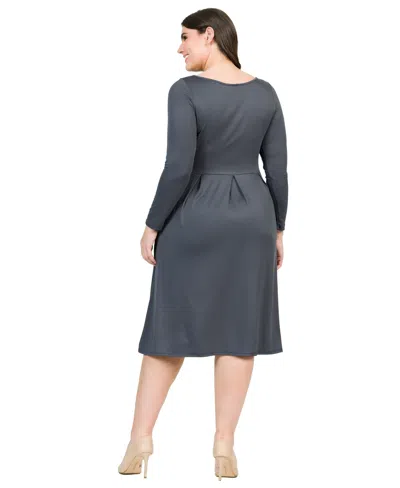 24seven Comfort Apparel Plus Size Long Sleeve Fit And Flare Midi Dress In Grey