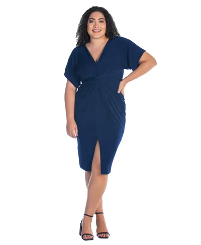 24seven Comfort Apparel Plus Size Short Sleeve V-neck Twist Front Split Hem Dress In Navy