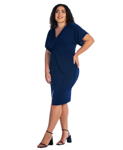 24seven Comfort Apparel Plus Size Short Sleeve V-neck Twist Front Split Hem Dress In Navy