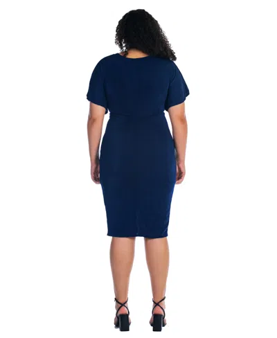 24seven Comfort Apparel Plus Size Short Sleeve V-neck Twist Front Split Hem Dress In Navy