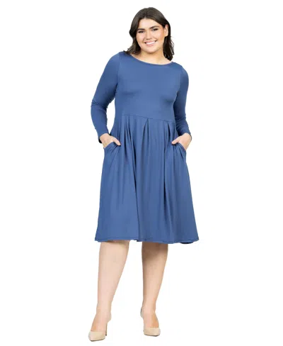 24seven Comfort Apparel Plus Size Long Sleeve Fit And Flare Midi Dress In Indigo