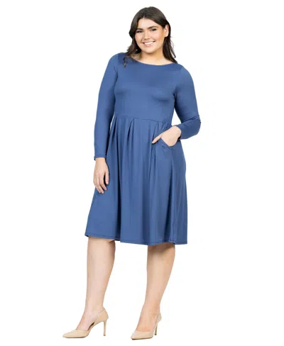 24seven Comfort Apparel Plus Size Long Sleeve Fit And Flare Midi Dress In Indigo