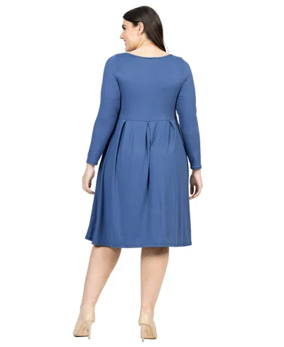24seven Comfort Apparel Plus Size Long Sleeve Fit And Flare Midi Dress In Indigo