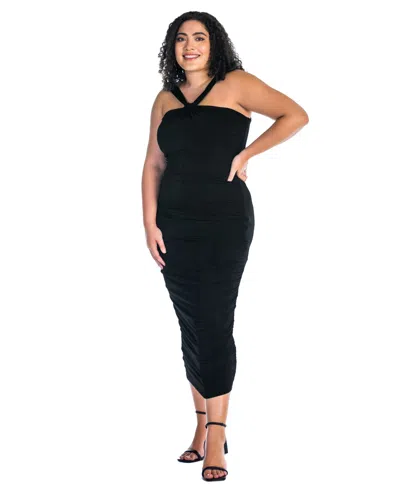 24seven Comfort Apparel Women's Halter Neck Ruched Bodycon Mid Dress In Black