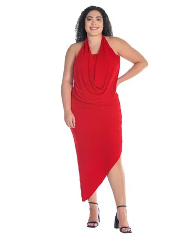 24seven Comfort Apparel Plus Size Cowl Neck Long Asymmetrical Backless Halter Dress In Red