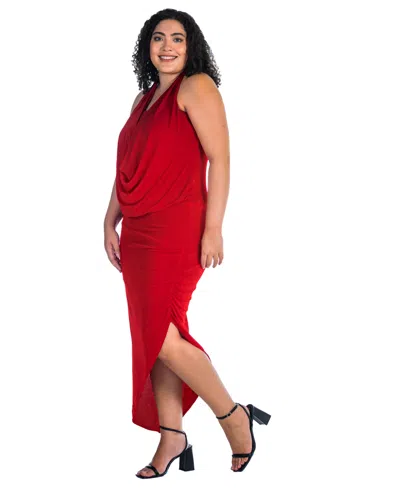 24seven Comfort Apparel Plus Size Cowl Neck Long Asymmetrical Backless Halter Dress In Red