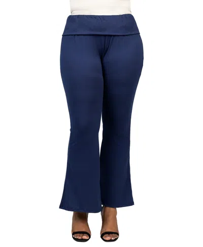 24seven Comfort Apparel Plus Size Black Bell Bottom Fold Over Waist Sweatpants In Navy