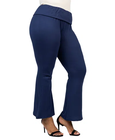 24seven Comfort Apparel Plus Size Black Bell Bottom Fold Over Waist Sweatpants In Navy