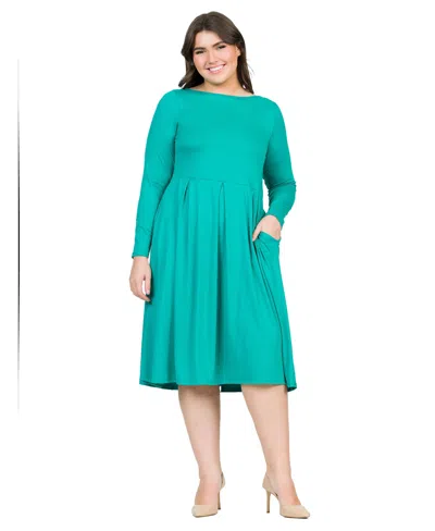 24seven Comfort Apparel Plus Size Long Sleeve Fit And Flare Midi Dress In Jade